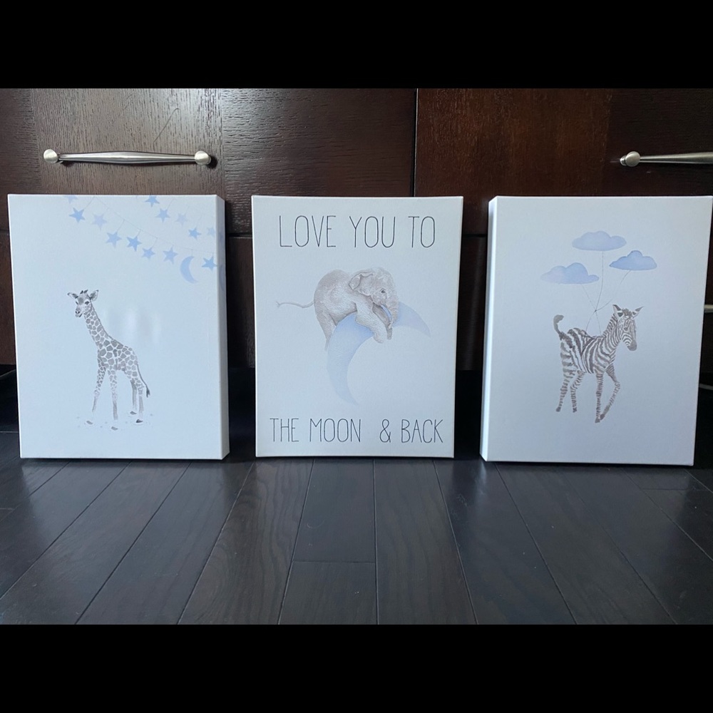 Nursery Decor- Light Blue & Gray Love You to the Moon and Back 3 Canvas Pictures